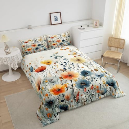 jejeloiu Boho Floral Comforter Set Twin Size Kids Coloful Flower Bedding Set for Boys Girls Teens Botanical Duvet Breathable Blossom Plant Aesthetic Quilt Bedroom Decor,1 Comforter with 1 Pillowcase