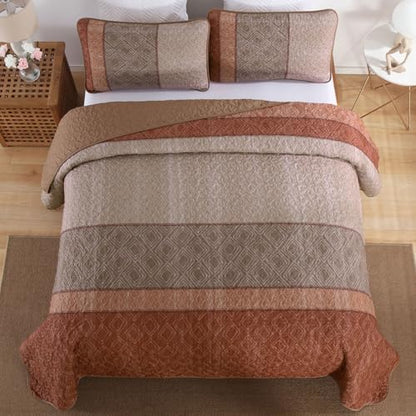 Cottolester Boho Quilt Set Queen,3 Pcs Red Orange Striped Plaid Bedspread