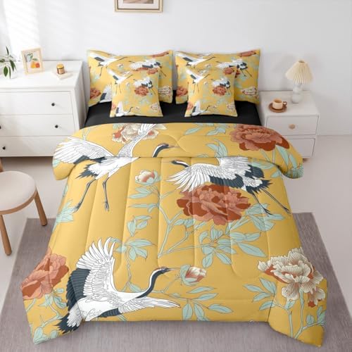 Erosebridal Red Crowned Crane Comforter Set Japanese Ukiyo-E Bed in A Bag Full Size 7 Pieces Vintage Floral Bed Set Room Decor Red Leaves Branch Asian Culture Bedding with Sheets