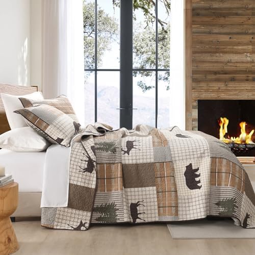 PERHOM Quilt King Size, 100% Cotton King Size Quilt, Lodge Cabin Farmhouse King Quilt, Brown Beige Green Plaid Lightweight Soft Quilted Bedspread Sets for All Season, 3 Pieces