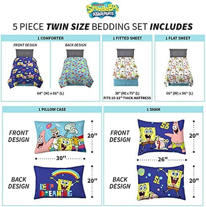 Franco Kids Bedding Super Soft Comforter and Sheet Set with Sham, 5 Piece Twin Size, Spongebob Squarepants