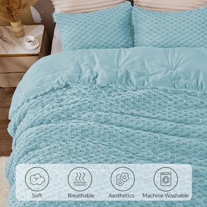 BEDELITE Fluffy Queen Comforter Set, Dusty Blue Fleece Bed Set 3 Pieces