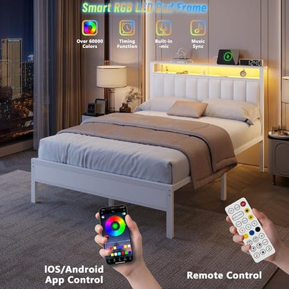 Furnulem White Full Size Bed Frame with Charging Station & LED Lights