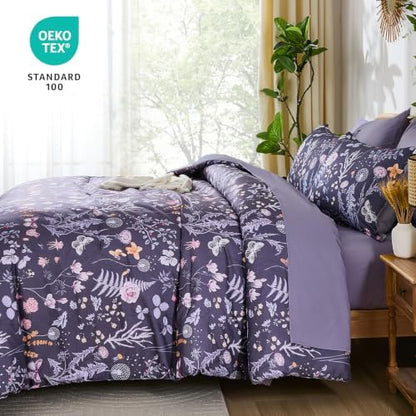 Queen Comforter Set Dusty Purple Floral Bedding Set 7 Piece Bed in a Bag