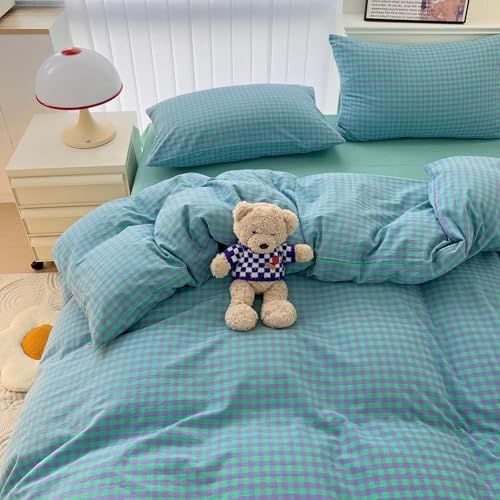 LifeTB Twin XL Comforter Set Green Gingham Bedding Comforter with 2 Pillowcases Geometric Checkered Plaid Comforter Set for All Season Green Purple Grid Printed Fluffy Soft Lightweight Bedding Set