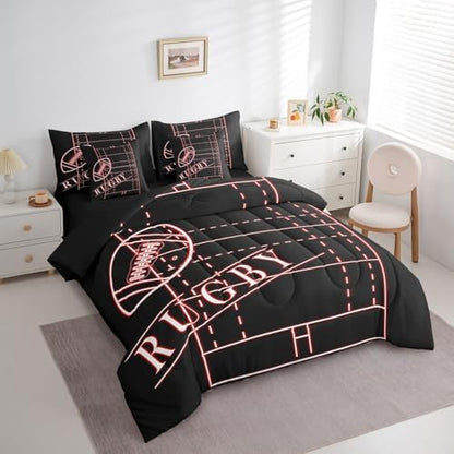 Sports Bedding Comforter Sets 7pcs Football Bed in a Bag for Boys, Neon Glowing Red King Bedding Sets Sport Theme Comforter Set, Soccer Rugby Bedding Sets & Collections Microfiber (Black Reversible)