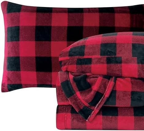 Elegant Comfort Luxuriously Soft 4-Piece Velvet Plush Flannel Sheet Set - Premium Quality - Cozy Warm, Anti-Static, Non Pilling Fuzzy Velvet Flannel Fleece Deep Pocket Sheet Set - Queen, Buffalo Red