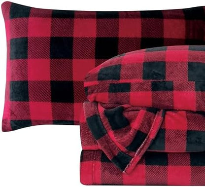 Elegant Comfort Luxuriously Soft 4-Piece Velvet Plush Flannel Sheet Set - Premium Quality - Cozy Warm, Anti-Static, Non Pilling Fuzzy Velvet Flannel Fleece Deep Pocket Sheet Set - Full, Buffalo Red