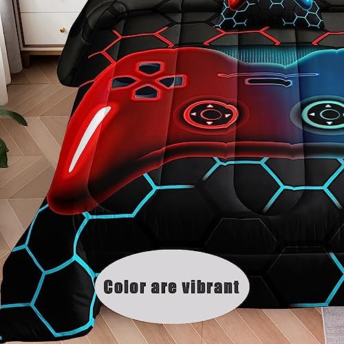 6 Pieces Bed in a Bag for Boys Bedding Sets Full Size,Gamer Comforter Sets for Boys Kids, Gaming Comforter Set for Teens Room Decor with Flat Sheet,Fitted Sheet,Pillowcase,Cushion Cover