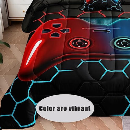 6 Pieces Bed in a Bag for Boys Bedding Sets Full Size,Gamer Comforter Sets for Boys Kids, Gaming Comforter Set for Teens Room Decor with Flat Sheet,Fitted Sheet,Pillowcase,Cushion Cover
