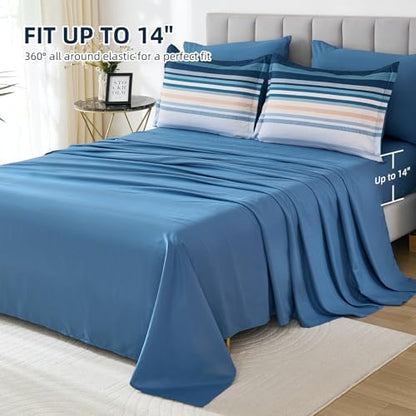Dobuyly Blue Comforter Full Size Set 7 Piece, Boho Striped Bed in a Bag Full Soft Microfiber All Season Bedding Set with Comforter, Sheets, Pillowcases & Shams