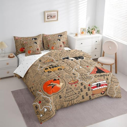 Erosebridal Kids RV Camping Full Bedding Set 7 Piece,Camper Bunk Comforter Set with Sheets for Travel Trailer Decor,Forest Themed Bear Fox Owl Bed Set with Fitted Sheet+Flat Sheet,Pillowcases
