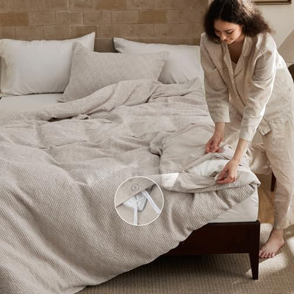 Bedsure PureWoven Space-Dyed Cotton Waffle Duvet Cover Set, King, Linen