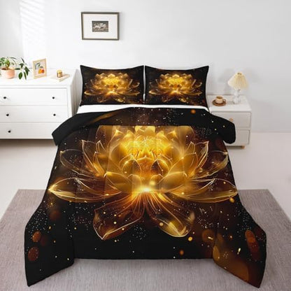 jejeloiu Golden Black Comforter Set Queen Size Kids Golden Lotus Flower Bedding Set for Boys Girls Teens Zen Spa Duvet Breathable Floral Quilt Bedroom Decor,1 Comforter with 2 Pillowcase