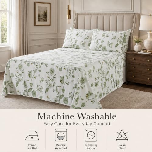 FADFAY Premium Cotton Percale Queen Size Sheets Green Floral Bed Sheet Set