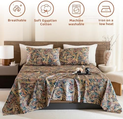 QSH Boho Bed Sheets Queen Size - 100% Egyptian Cotton Sheets Elegant Paisley Flower Pattern Printed Bedding Sheets Queen Size Bohemian Bedding 4pcs Deep Pockets Bed Sheets