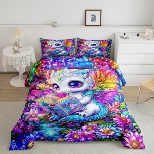 Cartoon Dragon Bed Comforter Set Queen Size,Western Wildlife Animal Super Soft Microfiber Bedding Set for Adults Teens,Watercolor Flowers Comforter Set,2 Pillowcases