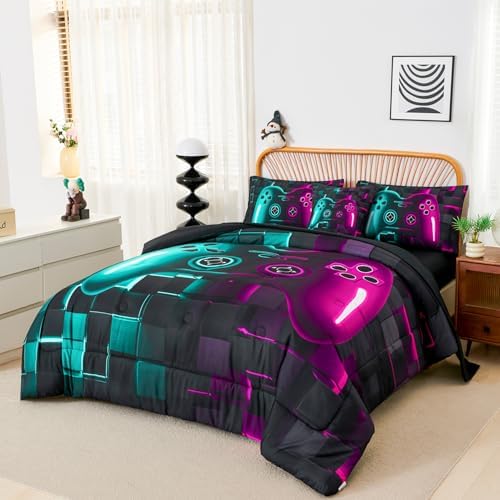PERFEMET Game Boys Twin Bedding Sets 6 Pieces Purple Teal Gaming Comforters