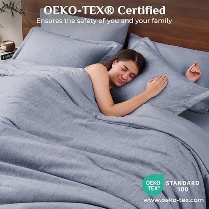 JOLLYVOGUE Navy Blue King Comforter Set, Cationic Dyeing Bed in a Bag King 7 Pieces, Double-Tone Bedding Set with Down Alternative Comforter, Sheets, Pillowcases & Shams