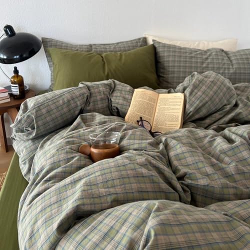 mixinni Vintage Green Buffalo Plaid Duvet Cover Set Twin Size - 3 Piece Mid-Century Washed Cotton Bedding Set with Grid Pattern, Ultra Soft & Breathable Duvet Cover with Pillowcases for All Seasons