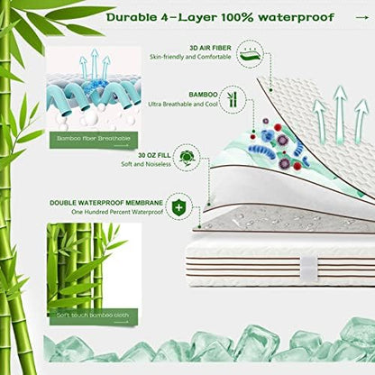GRT King Size Waterproof Mattress Protector Rayon Bamboo - 3D Air Fiber Cooling Mattress Protector Cover, Breathable Mattress Pad Noiseless 8''-21'' Deep Pocket Machine Washable