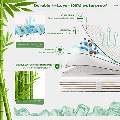 GRT Queen Size Waterproof Mattress Protector Rayon Bamboo - 3D Air Fiber Cooling Mattress Protector Cover, Breathable Mattress Pad Noiseless 8''-21'' Deep Pocket Machine Washable