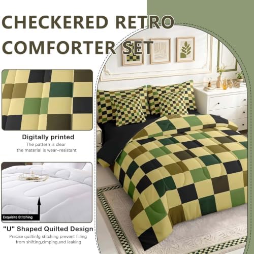 Checkered Retro Comforter Set Twin Size 7 Pieces Hunter Green Plaid Bedding Set for Kids Boys Girls Geometric Camo Army Bed in a Bag Modern Hunting Groovy Aesthetic Bedroom Decor Quilted Lightweight