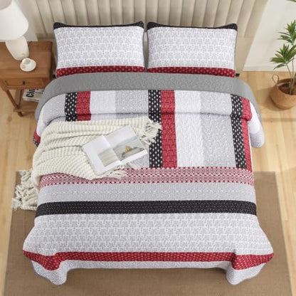 WONGS BEDDING Boho Queen Size Quilt Set, Black Red Striped Bedspread