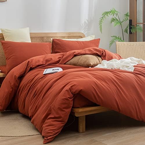BESTOUCH Cotton Solid Duvet Cover Set Burnt Brick Red California King
