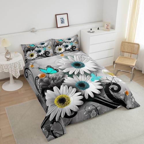 Rustic Daisy Quilt Set Twin,Farmhouse Floral Blue Butterfly Bedding Comforter Set For Kids Girls Teens Women Twin,Hippie Black Gray Marble Comforter,Pastoral Countryside Flower Quilted Duvet 2 Pcs