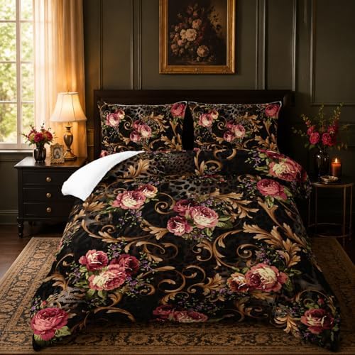 Nttopship Black Boho Floral Comforter Set King Size Flower Bedding Sets 3PCS for Kids Teen Adult Retro Flowers Room Decor Ultra-Soft Lightweight Microfiber 1 Comforter with 2 Pillowcases