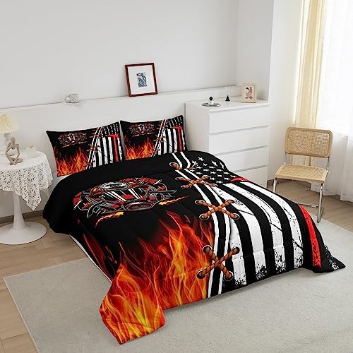 Castle Fairy Boys Firefighter Twin Size Comforter Set,Kids American Flag Decor All Season Bedding Set,Teens Burning Flame Comforter,Children Red and Black Decor Quilt Set Bedroom Collection 2Pcs