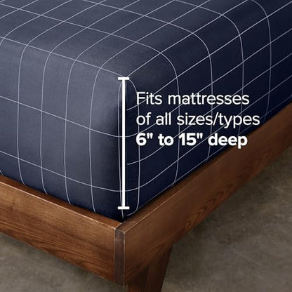 Bare Home Fitted Sheet (Queen, Grid - Midnight Blue/White)
