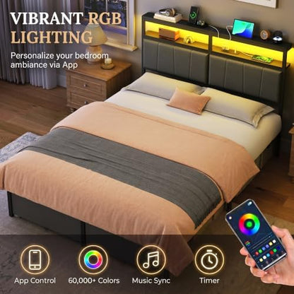 Full Bed Frame with Storage Drawers and Charging Station, Grey