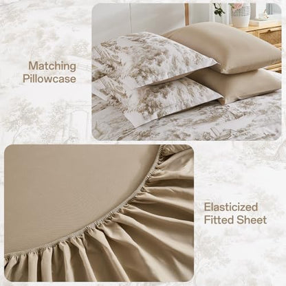 WONGS BEDDING Brown Comforter Set Queen Size, 7 Pieces Botanical Comforters with Sheets, Soft Microfiber Farmhouse Floral Complete Bedding Sets for All Season
