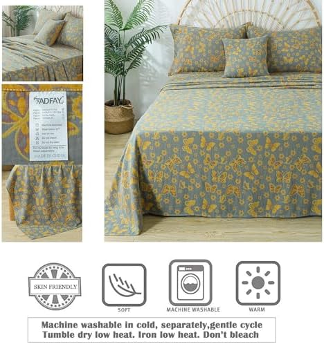 FADFAY Butterfly Sheets Set King Vintage Yellow Grey Floral Bedding Shabby Farmhouse Bedding Super Soft Washed Double -Layer Muslin Sheets 100% Cotton Deep Pocket Fitted Sheet 4Pcs, King Size