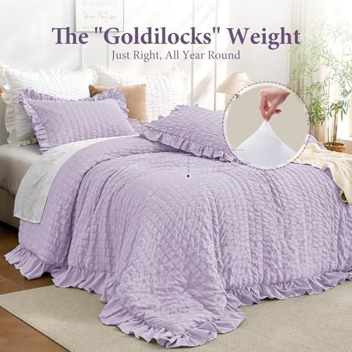 JOLLYVOGUE Lavender Oversized Queen Comforter Set,3pcs Seersucker Bed Set