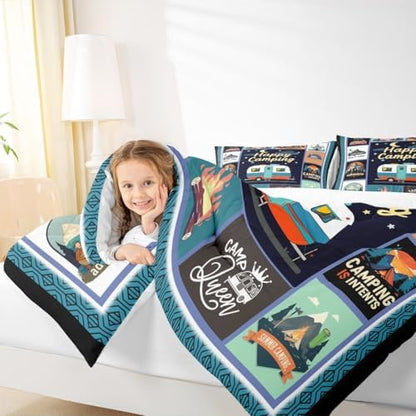Manfei Camper Happy Camping Comforter Set King,Geometric Plaid Patchwork Bedding Set 3pcs for Kids Teens RV Traveler Room Decor,Adventure Quilt Set,Rustic Duvet Insert with 2 Pillowcases