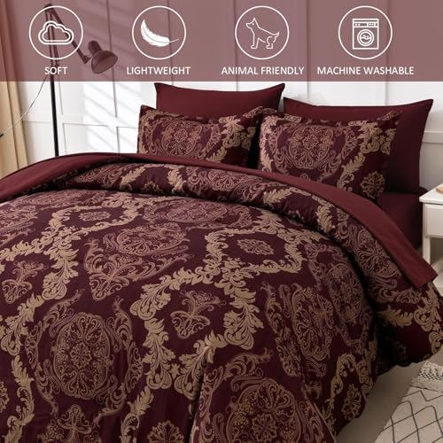 WONGS BEDDING Burgundy Comforter Set Full Size, Maroon Damask Texture 7 Pieces Bed in a Bag Microfiber Comforter Bedding Sets -1 Comforter, 1 Flat Sheet, 1 Fitted Sheet, 2 Pillow Shams,2 Pillowcases
