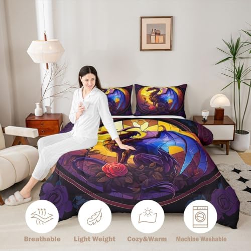 Feelyou Dragon Bedding Set Soft for Boys Girls, Dragon Stuff Comforter Set King Size Wild Life Duvet Quilt Microfiber Jungle Dino Bedroom Decor Black Yelllow 3 Pcs with 2 Pillow Cases