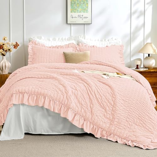 JOLLYVOGUE Blush Pink Twin/Twin XL Comforter Set, 2pcs Seersucker Bed Set