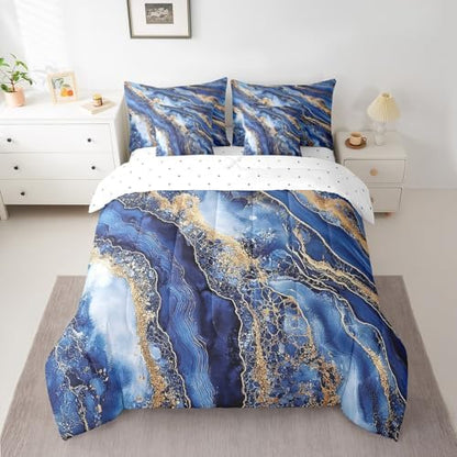Erosebridal Watercolor Marble Printed Comforter Set Full Size,Blue Tie Dye Bedding Set for Kids Teens,Retro Artwork (Comforter+Fitted+Flat Sheet+2 Pillowcases+2 Throw Pillow Covers) 7 Pieces Bed Set