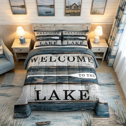 Manfei Lake House Comforter Set Full Size, Rustic Farmhouse Bedding Set 3pcs, Navy Blue Grey Wooden Plank Down Comforter for All Season, Kids Boys Teens Room Decor, 2 Pillowcases, No Sheets