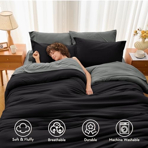 MUXHOMO 7 Pieces Oversized King Comforter Set, Soft Bed in a Bag Oversized King Size, All Season Bedding Set with Comforter, Flat Sheet, Fitted Sheet, Pillowcases & Shams, Black & Grey
