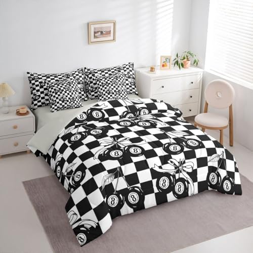 Erosebridal Black and White Checkered 7 Piece Bedding Set Twin Y2K Lucky 8 Ball Comforter Set for Kids Boys Girls,Fashion Coquette Cherry Bow Bed in A Bag with Sheets Trendy Aesthetic Preppy Bed Set