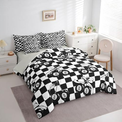 Erosebridal Black and White Checkered 7 Piece Bedding Set Queen Y2K Lucky 8 Ball Comforter Set for Kids Boys Girls,Fashion Coquette Cherry Bow Bed in A Bag with Sheets Trendy Aesthetic Preppy Bed Set