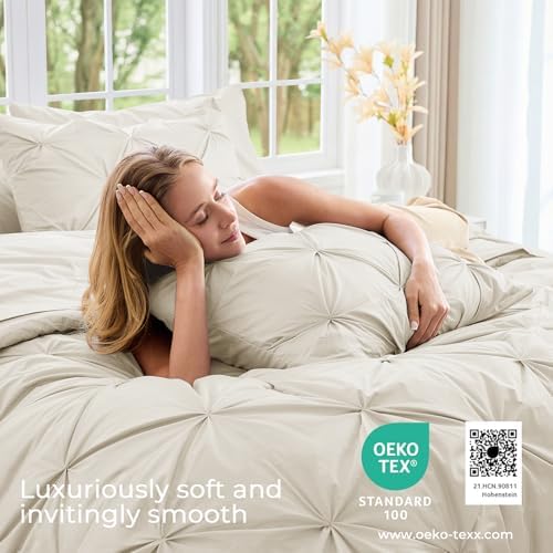 Sasttie Oversized Queen Comforter Set, 7-Piece Bed in a Bag, Pintuck Bedding Sets for All Season, Includes Comforter, Flat Sheet, Fitted Sheet, Pillowcases and Pillowshams, Beige