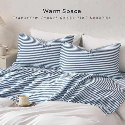 JELLYMONI 100% Cotton Sheet Set, Dusty Blue Striped, Queen