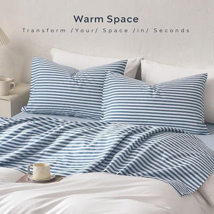 JELLYMONI 100% Cotton Sheet Set, Dusty Blue Striped, Queen