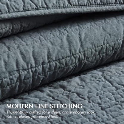 EVERGRACEHOME 100% Cotton Modern Lines Quilt Set Queen Size, Midnight Blue